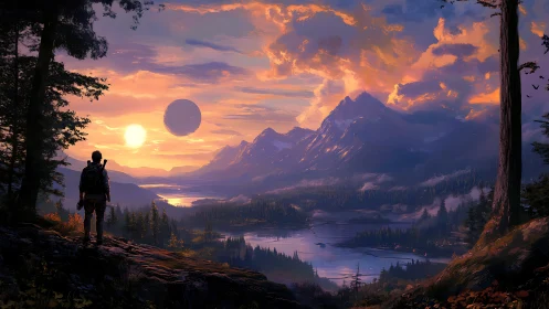 Hiker overlooks alien sunset above lake and snow peaks