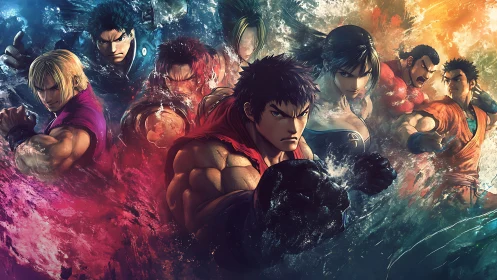 Martial artists lineup in dynamic digital illustration.