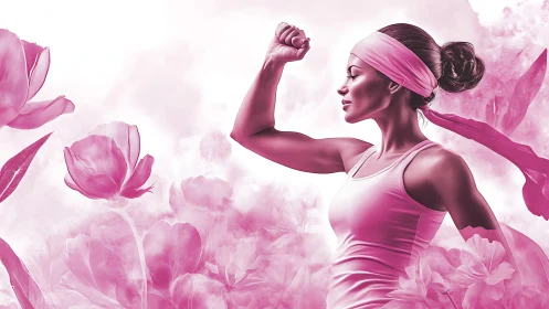 Confident woman flexing arm in pink floral digital art portrait.