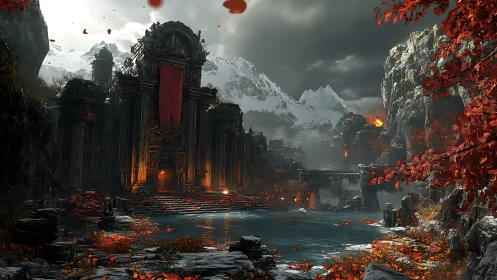 Ancient mountain citadel glows above crimson autumn lake