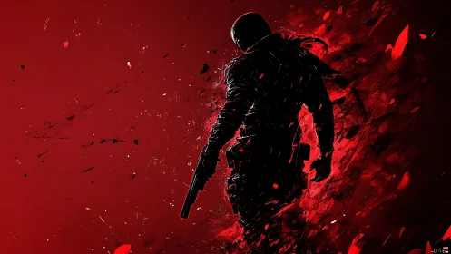 Silhouetted gunman dissolving into dynamic crimson shards.