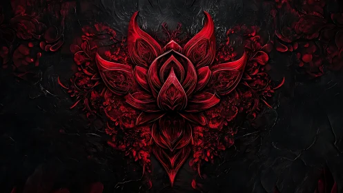 Radial crimson lotus relief with high-contrast textured petals