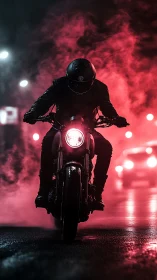 Motorcyclist in wet neon street with red backlit fog at night