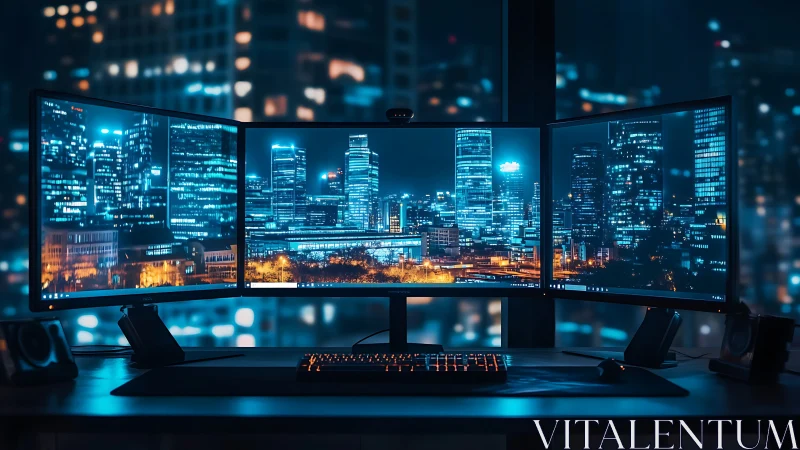 Triple-monitor ultrawide desktop rig renders nocturnal cityscape with bokeh