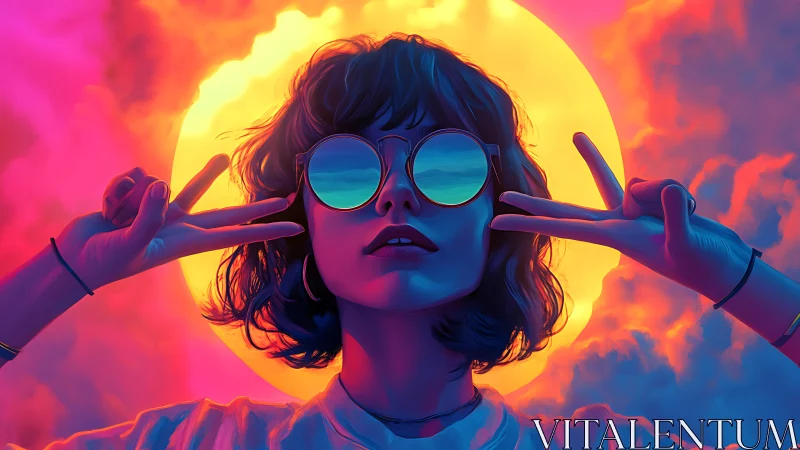 Neon sunset muse throws double peace signs at the sky