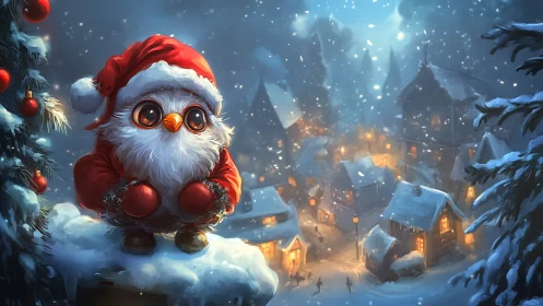 Christmas owl Santa overlooks glowing snowy village scene.