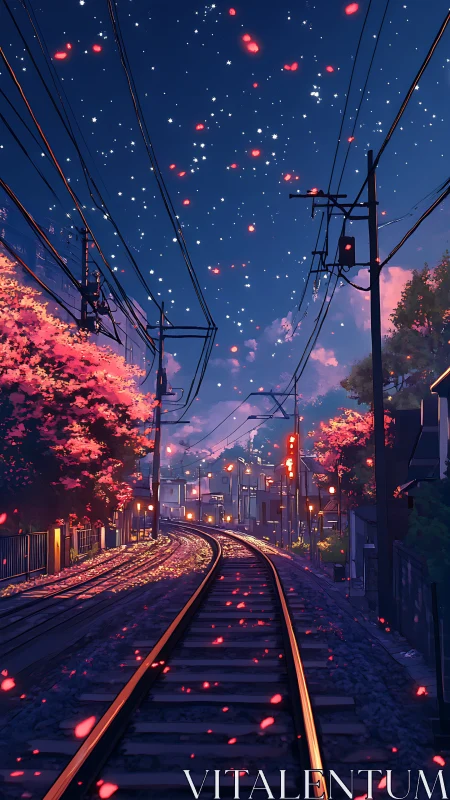 Night rail line under starry sky and cherry blossoms.