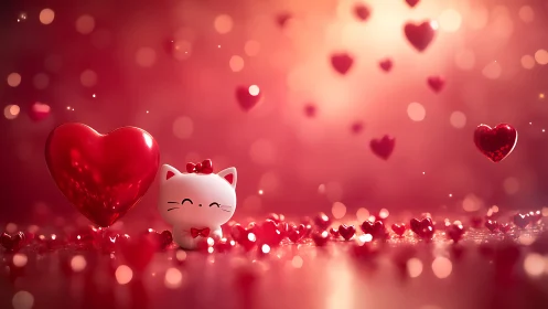 White Cat with Red Heart Balloon, Pink Valentine Scene.