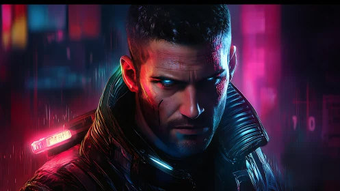 Neon-soaked cybernetic vigilante in rain-drenched cityscape.