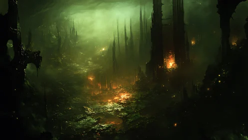 Subterranean cavern with green haze and scattered fires.