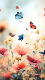 Butterflies in vertical bloom over softly diffused wildflower field