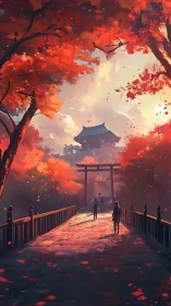 Bridge walkway leads toward distant shrine under red foliage