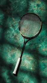 Tennis racket lies on worn teal court under dappled light