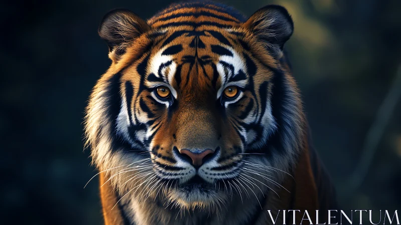 Tiger portrait captures intense gaze in low forest light
