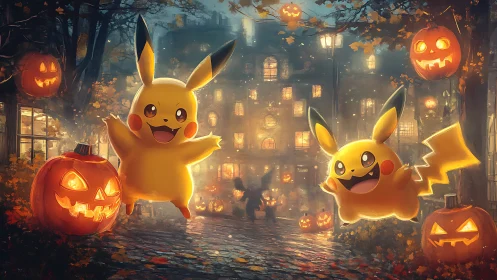 Pikachu celebrates Halloween in a glowing jack-o&rsquo;-lantern street.