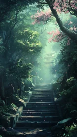 Sunlit stone stairway winds through serene blossom forest.