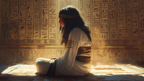 Egyptian woman seated in sunlight against hieroglyph walls.