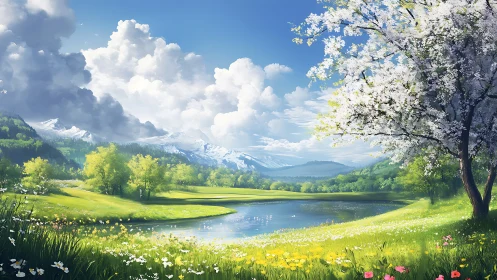 Spring meadow landscape with lake and distant mountains.