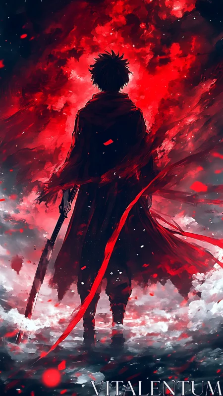 Backlit swordsman silhouette in red atmospheric energy field