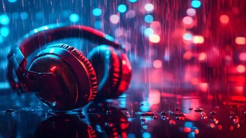 Cyberpunk headphones in neon rain with shallow depth of field.