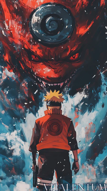 Fiery spirit stands tall before a swirling, fearsome beast