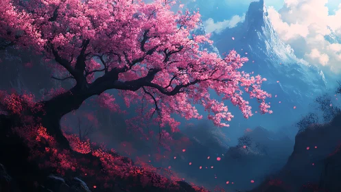 Cherry blossom tree on misty mountain valley slope.