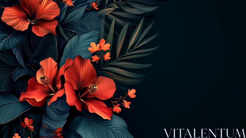 Vibrant Floral Composition with Red Hibiscus and Dark Foliage.