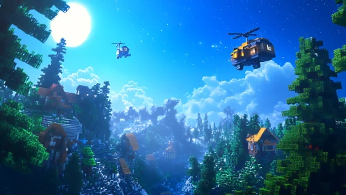 Voxel forest valley settlement with helicopters at night.
