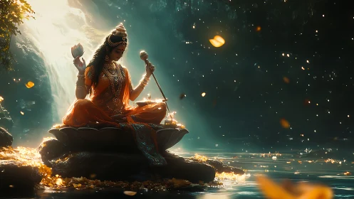 Lotus-borne river goddess bathing in molten sunrise hush.