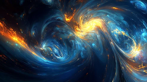 Cosmic vortex energy streams in swirling blue and gold field.