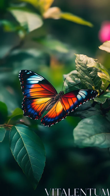 Vibrant orange-blue butterfly resting on lush green foliage.