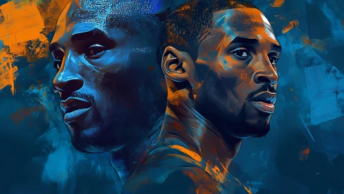 Dual blue-orange portrait in expressive digital painting style.