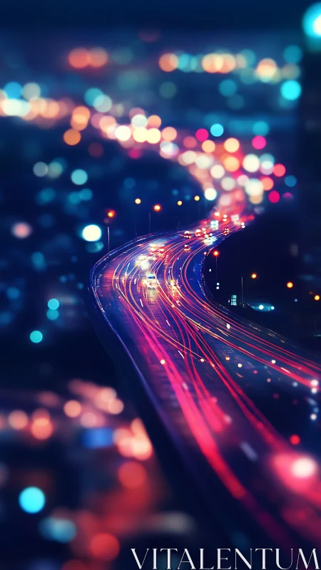 Neon night traffic streams along a glowing city overpass.