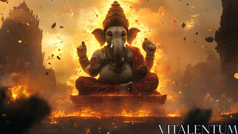 Radiant Ganesha seated in glowing storm of sacred fire.
