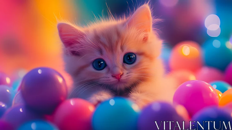 Kitten's Neon Dream: Where Wonder Meets Rainbow Spheres