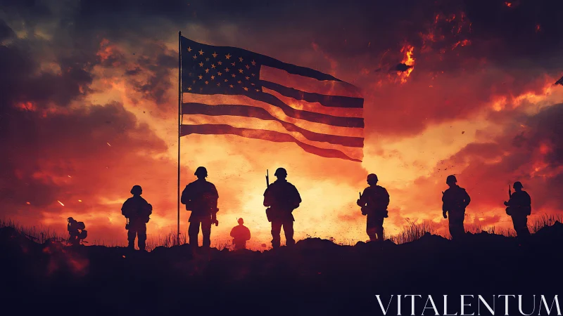Silhouetted soldiers guard a blazing sky of scarlet resolve.
