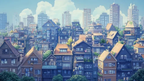 Sunlit urban rooftops layer dense midrise neighborhood.