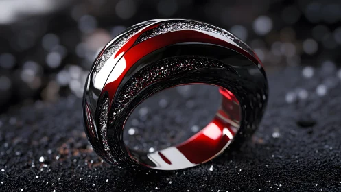 Elegant modern ring with black, red, and silver accents, macro photography.