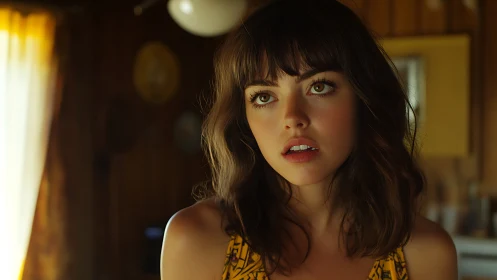 Soft window light on pensive young woman indoors portrait.