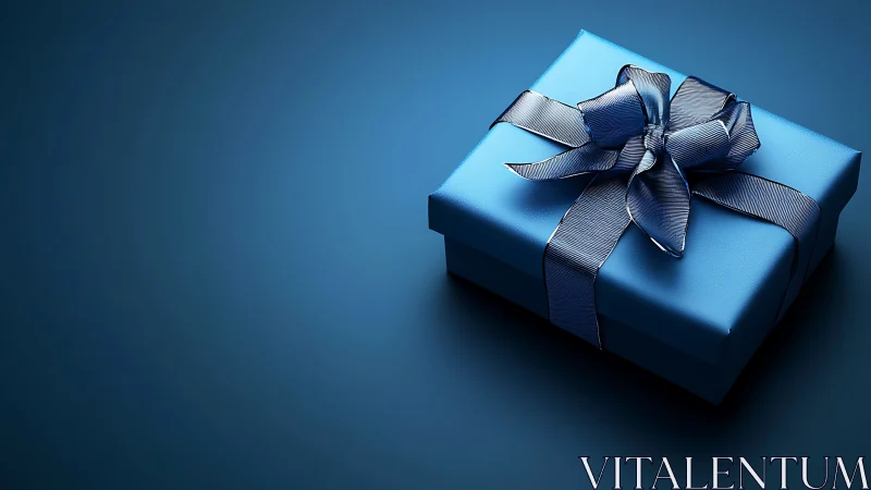 Blue Gift Box with Ribbon Bow on Neutral Surface
