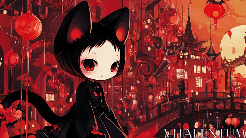 Cat-eared girl overlooks lantern city in crimson night.