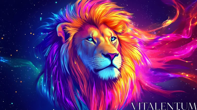 Cosmic neon lion gazes through swirling galactic colors