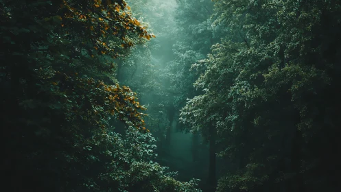Dense Forest Canopy with Golden Foliage in Misty Daylight