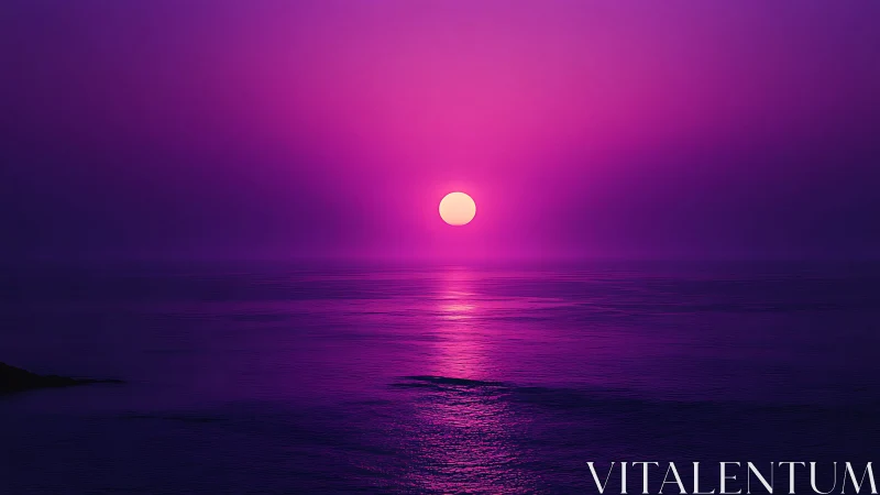 Pink sun over calm ocean horizon with uniform purple sky