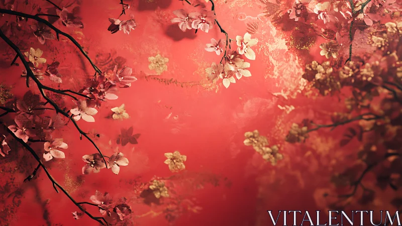 Cherry blossoms drift across luminous red background.