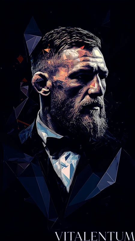 Polygonal bearded portrait with fractured neon highlights.