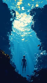 Solitary diver ascending through luminous ocean chasm.
