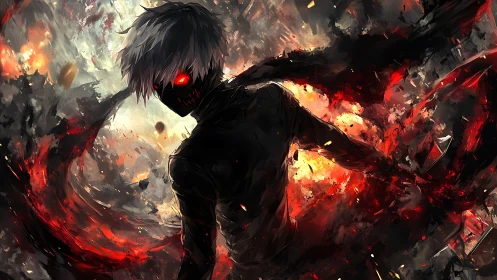 Masked ghoul commands crimson energy amid burning chaos.