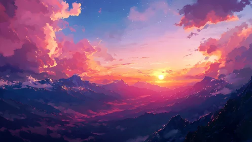 Radiant sunset paints quiet mountain peaks in glowing color