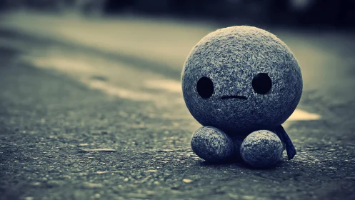 Melancholic felt plush figure on wet asphalt in cyanotype tone